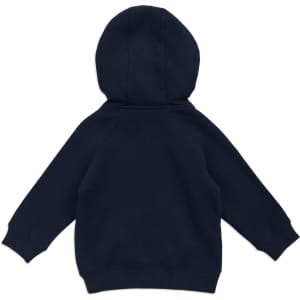 A navy hoodie with a kangaroo zip pocket, featuring a hood and long sleeves. It has a logo on it.