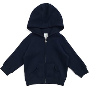A navy blue kangaroo zip pocket hoodie with a hood and front pocket. It features a logo on the label.