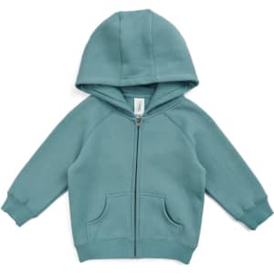 A teal zip pocket hoodie for babies, featuring a hood and front pockets. The product has a logo.