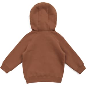 A brown kangaroo zip pocket hoodie for babies, featuring a hood and long sleeves. Includes a branding logo.