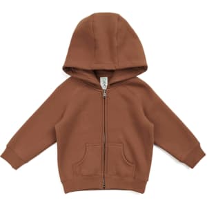 A brown zip-up hoodie with a hood and kangaroo pocket, featuring a label and no visible logos.