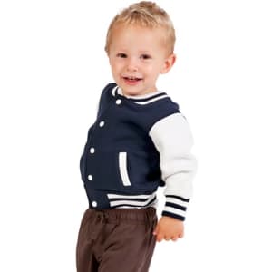 A navy and white varsity jacket for babies, featuring striped cuffs and a logo. The model is a smiling young child.