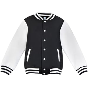 A black and white varsity jacket featuring a button-up front and striped cuffs. It has a logo on the chest.