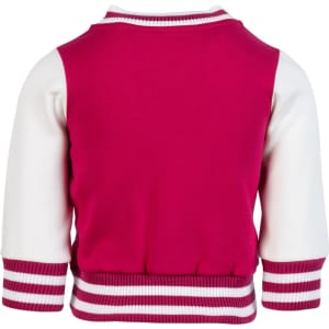 A babies' varsity jacket featuring a pink body and white sleeves, with striped cuffs and a logo on the back.