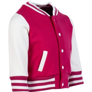 A pink and white varsity jacket featuring a button-up front and striped cuffs, designed for babies.