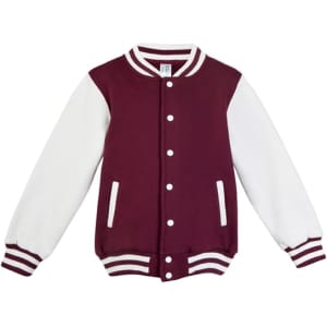 A maroon and white varsity jacket featuring striped cuffs and a button-up front. It has logo branding on it.