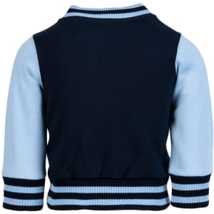 A navy and light blue varsity jacket for babies, featuring contrasting sleeves and a ribbed collar.