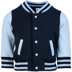 A navy and light blue varsity jacket for babies featuring contrasting sleeves and striped cuffs.