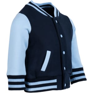 A navy and light blue varsity jacket featuring a button-up front and ribbed cuffs, with a logo on the chest.