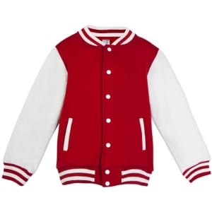 A red varsity jacket with white sleeves, featuring a logo and striped detailing on the cuffs and collar.