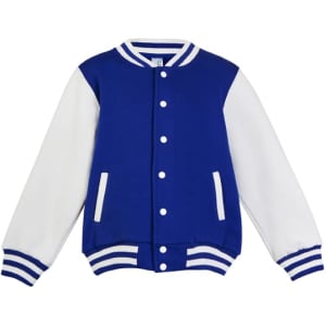 A blue varsity jacket with white sleeves and ribbed cuffs, featuring a button-up front and pockets.