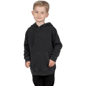 A grey stone wash fleece hoodie on a child, featuring a front pocket and a hood. The hoodie has a logo.