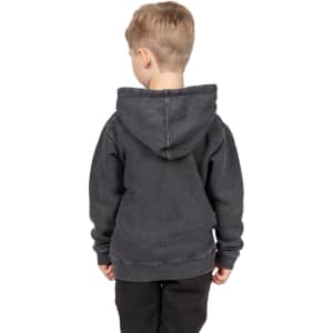A grey stone wash fleece hoodie for babies displayed on a child, featuring a kangaroo pocket and a hood.