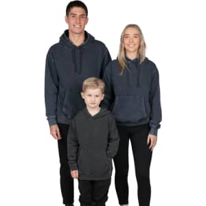 A grey stone wash fleece hoodie for babies, featuring a hood and a casual design. Includes a logo on the back.