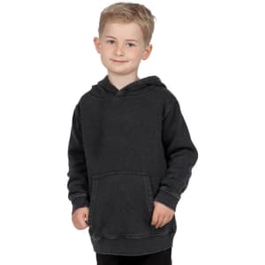 A child's stone wash fleece hoodie in dark grey, featuring a front pocket and a hood. It has a small logo on it.