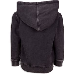 A grey stone wash fleece hoodie featuring a large hood and ribbed cuffs. It has a branding logo.