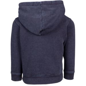 A navy stone wash fleece hoodie for babies, featuring a hood and long sleeves. It has a logo.