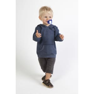 A grey-blue hoodie with a kangaroo pocket, worn by a child, paired with dark shorts and sandals.