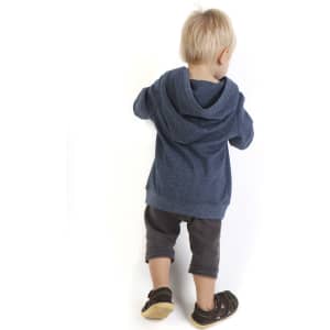 A blue heather hoodie with a hood, worn by a toddler, paired with darker shorts and black sandals.