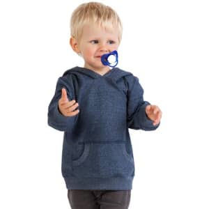 A toddler wearing a navy blue hoodie with a hood and a front pocket, holding a pacifier in their mouth.