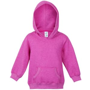 A pink hoodie with a front pocket and a hood, designed for babies. It features a logo on the label.