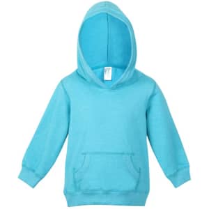 A turquoise baby hoodie with a front pocket and a hoodie design, featuring a logo on the label.