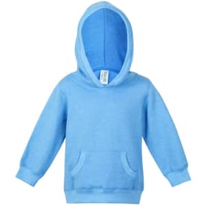A light blue hoodie with a front pocket and a lined hood, featuring a logo.