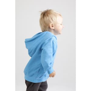 A blue zip hoodie for babies, featuring a hood, modeled by a child. The hoodie has a logo on it.