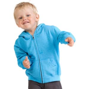 A child model is wearing a bright blue zip hoodie with a front pocket, displaying a joyful expression.