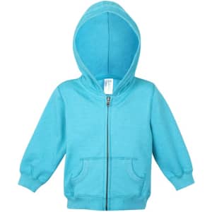 A turquoise zip hoodie with a front pocket and a hood, featuring a small logo.