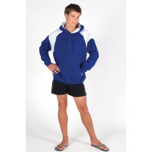 A blue hoodie with white contrast panels, featuring a hood and drawstring. The model is wearing shorts and sandals.