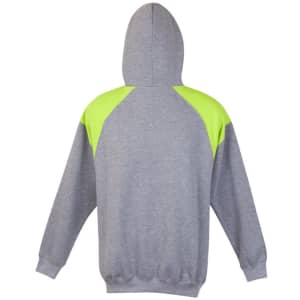 A grey hoodie featuring bright green contrast panels on the shoulders and a hood. Includes a logo.
