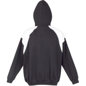 A black hoodie featuring white contrast panels on the shoulders and a hood, with a relaxed fit.