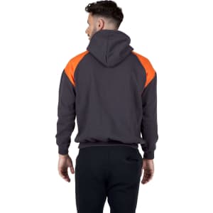 A dark grey hoodie with orange contrast panels on the shoulders, featuring a hood and a logo.
