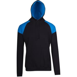 A black hoodie with blue contrast panels and a blue hood, featuring a front pocket and a hood with drawstrings.