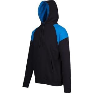 A black hoodie with blue contrast panels and a front pocket, featuring a hood and a logo.
