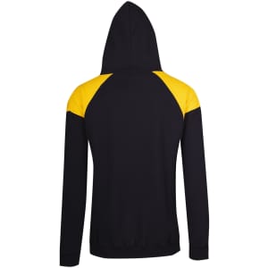 A black hoodie featuring yellow contrast panels on the shoulders and a hood. It has a logo on it.
