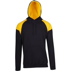 A black hoodie with a yellow contrast panel and hood, featuring a front pocket and adjustable drawstrings.