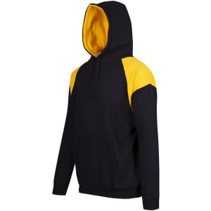 A black hoodie with yellow contrast panels on the shoulders and a front pocket. It features a hood and has a logo.