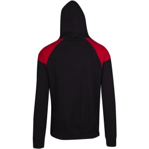 A black hoodie featuring red contrast shoulder panels and a hood, with a logo on the front.