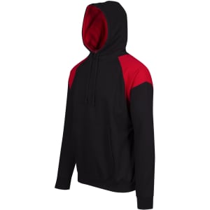 A black hoodie with red contrast panels on the shoulders, featuring a front pocket and a hood. Logos are present.