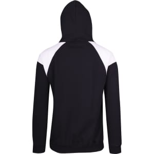 A black hoodie with contrast white panels on the shoulders and a hood. Features ribbed cuffs and hem.