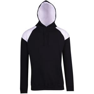A black hoodie with white contrast panels on the shoulders and a front pouch pocket. Includes a hood and drawstrings.