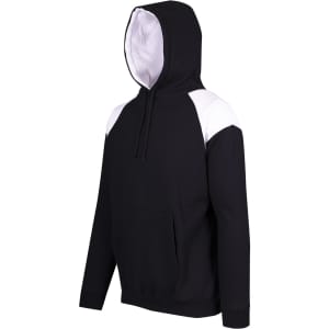 A black hoodie with white contrast panels on the shoulders and a front pocket. Features a hood and a logo.