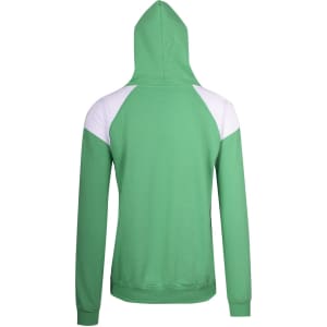 A green hoodie featuring white contrast panels on the shoulders. It has a hood and a fitted design.