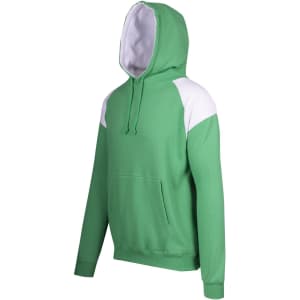 A green men's hoodie with white contrast panels and a front pocket, featuring a hood and drawstrings.
