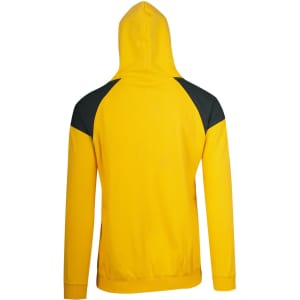 A yellow hoodie with a black contrast panel on the shoulders and a hood. Includes a logo on the garment.