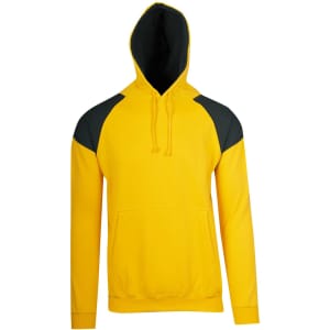 A bright yellow hoodie featuring black contrast panels, with a front pocket and an adjustable hood.