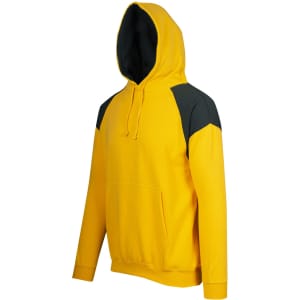 A yellow hoodie with dark green contrast panels, featuring a front pocket and a drawstring hood.