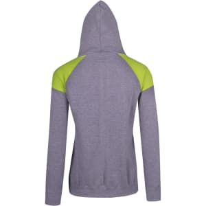 A grey hoodie with contrasting lime green shoulder panels and a hood, featuring a logo.